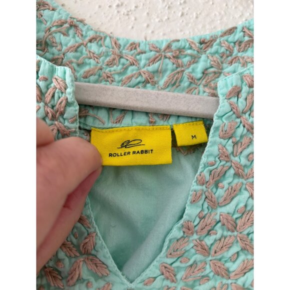 Roller Rabbit Embroidered Tunic Top V-Neck Short Sleeve Aqua Tan M - Picture 4 of 13